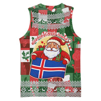 Iceland Christmas Basketball Jersey with Green & Red Candy Cane Pattern Santa Claus and National Flag Motif - Wonder Print Shop