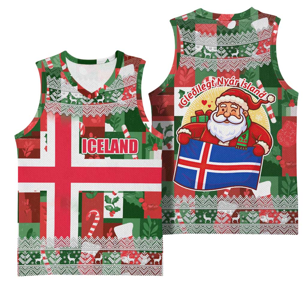 Iceland Christmas Basketball Jersey with Green & Red Candy Cane Pattern Santa Claus and National Flag Motif - Wonder Print Shop