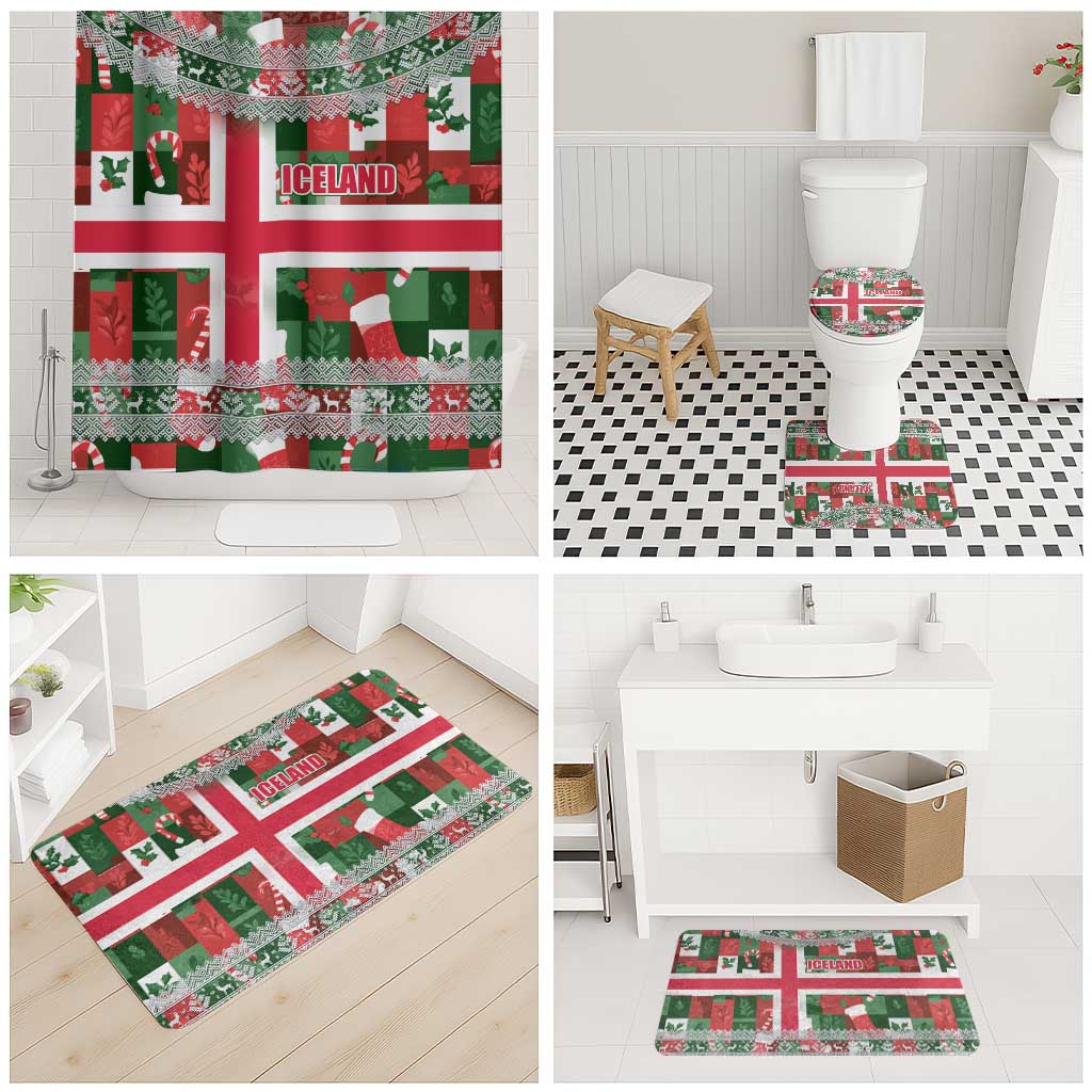 Iceland Christmas Bathroom Set with Green & Red Candy Cane Pattern Santa Claus and National Flag Motif - Wonder Print Shop