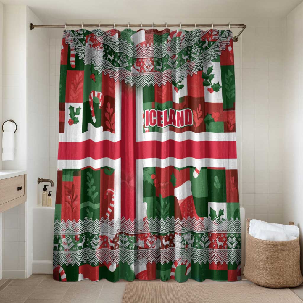 Iceland Christmas Bathroom Set with Green & Red Candy Cane Pattern Santa Claus and National Flag Motif - Wonder Print Shop