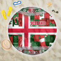Iceland Christmas Beach Blanket with Green & Red Candy Cane Pattern Santa Claus and National Flag Motif - Wonder Print Shop