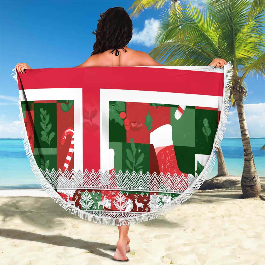 Iceland Christmas Beach Blanket with Green & Red Candy Cane Pattern Santa Claus and National Flag Motif - Wonder Print Shop