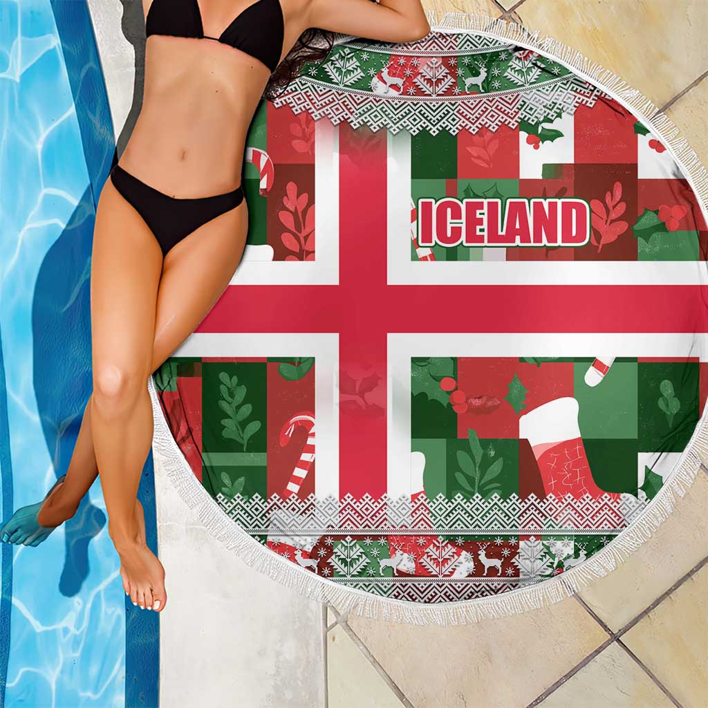 Iceland Christmas Beach Blanket with Green & Red Candy Cane Pattern Santa Claus and National Flag Motif - Wonder Print Shop