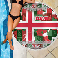 Iceland Christmas Beach Blanket with Green & Red Candy Cane Pattern Santa Claus and National Flag Motif - Wonder Print Shop