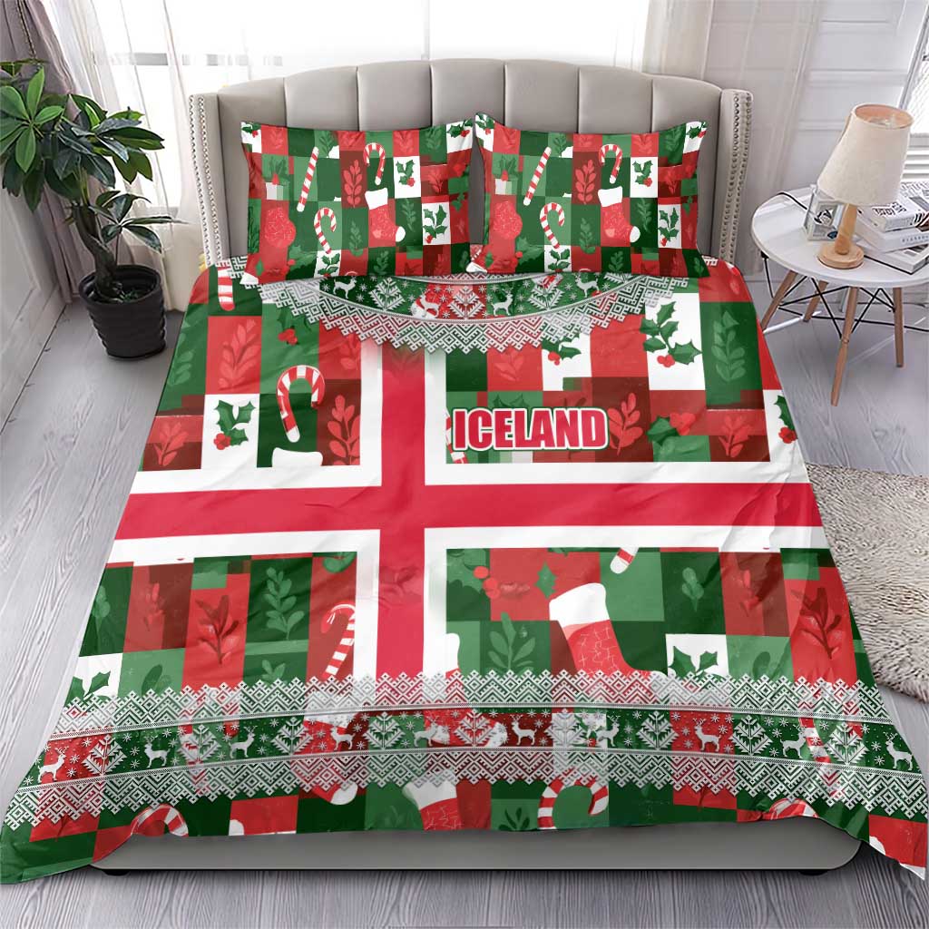 Iceland Christmas Bedding Set with Green & Red Candy Cane Pattern Santa Claus and National Flag Motif - Wonder Print Shop