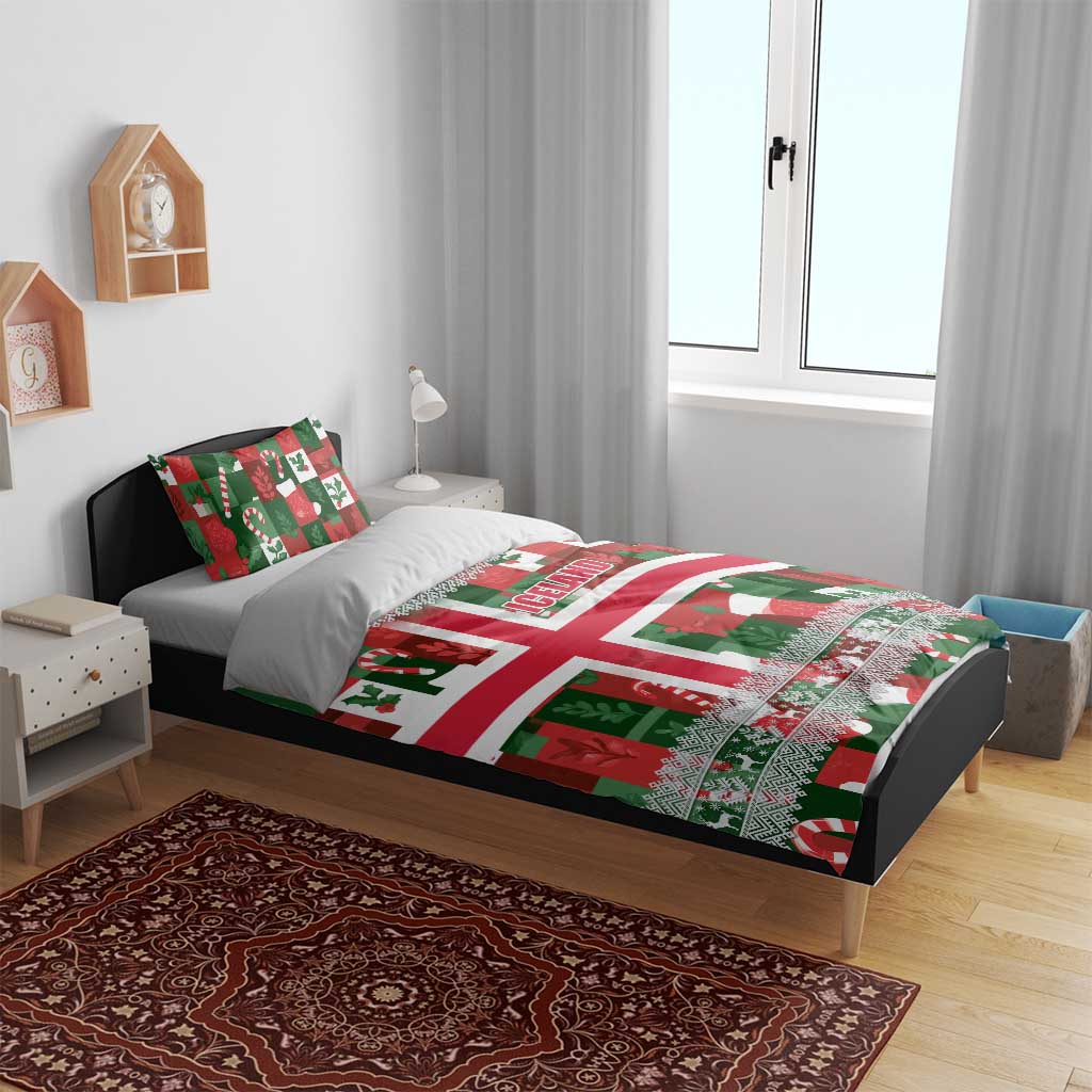 Iceland Christmas Bedding Set with Green & Red Candy Cane Pattern Santa Claus and National Flag Motif - Wonder Print Shop