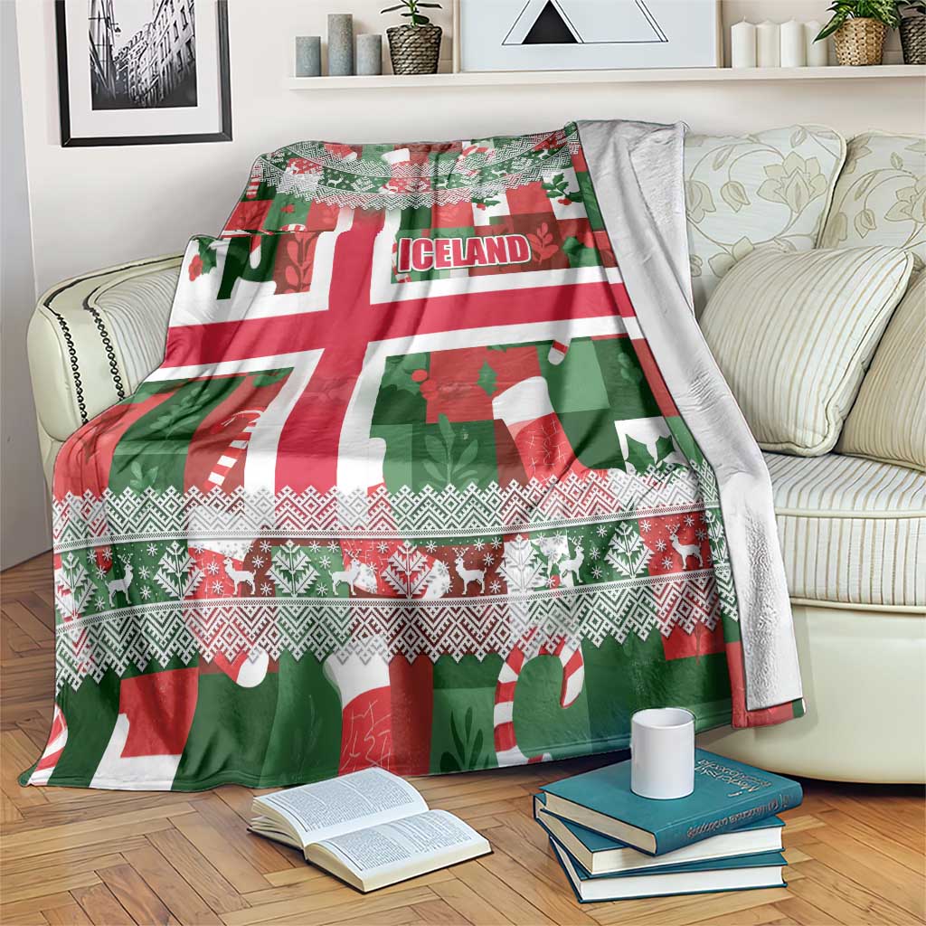 Iceland Christmas Blanket with Green & Red Candy Cane Pattern Santa Claus and National Flag Motif - Wonder Print Shop