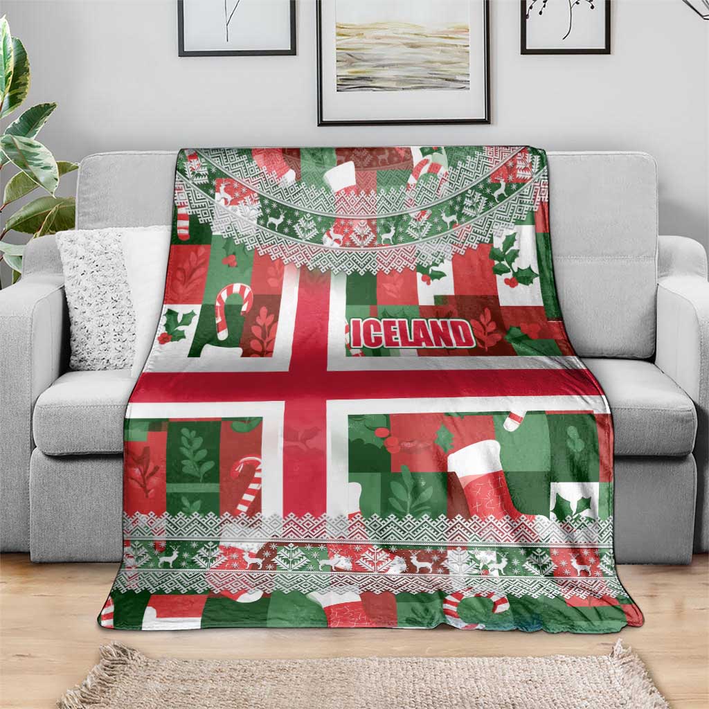 Iceland Christmas Blanket with Green & Red Candy Cane Pattern Santa Claus and National Flag Motif - Wonder Print Shop