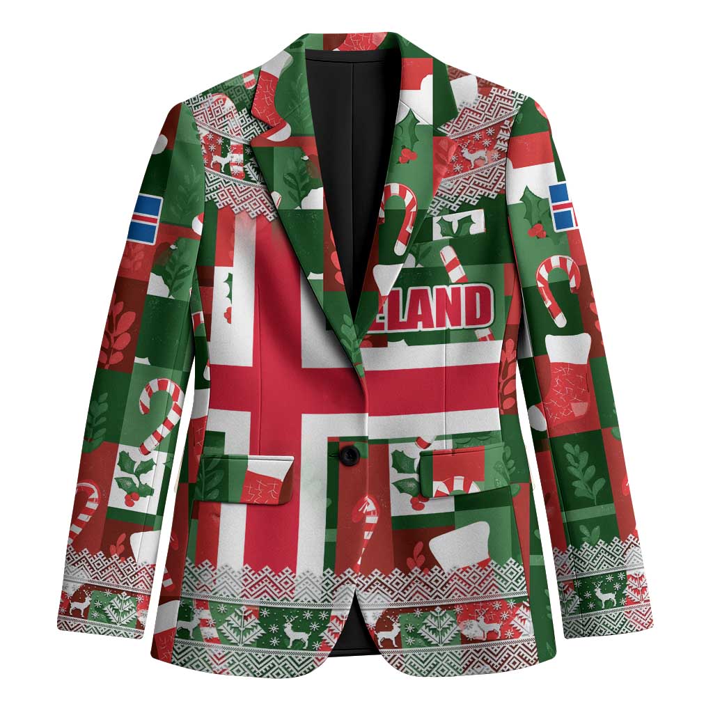 Iceland Christmas Blazer with Green & Red Candy Cane Pattern Santa Claus and National Flag Motif - Wonder Print Shop