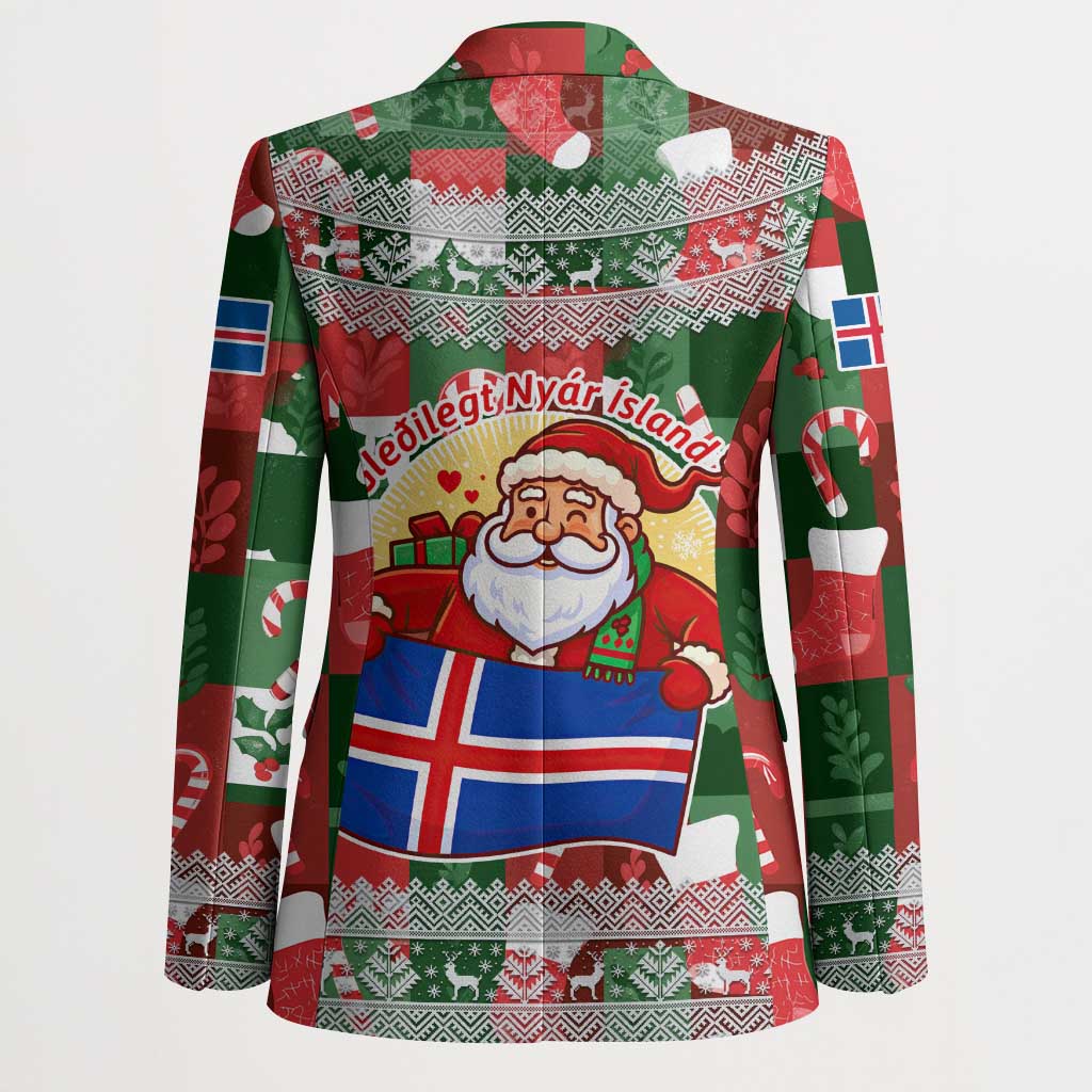 Iceland Christmas Blazer with Green & Red Candy Cane Pattern Santa Claus and National Flag Motif - Wonder Print Shop