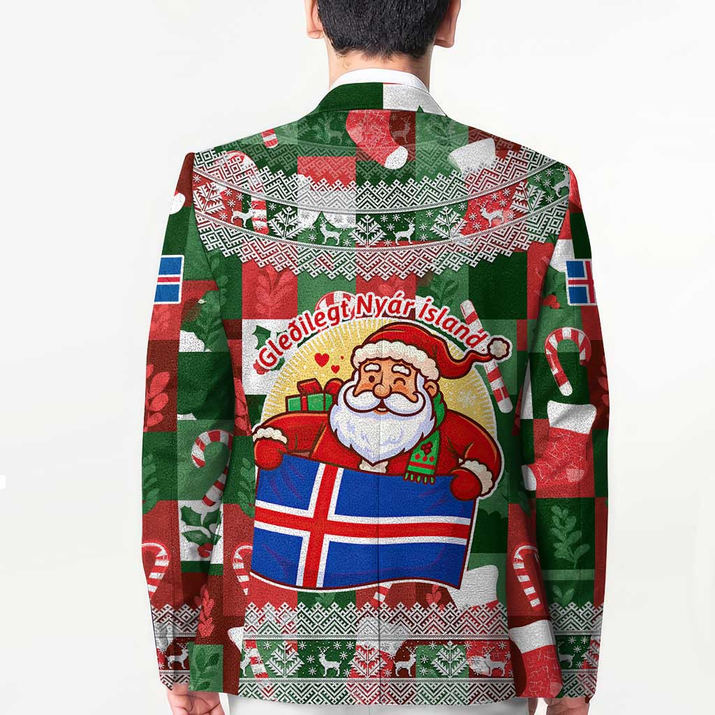 Iceland Christmas Blazer with Green & Red Candy Cane Pattern Santa Claus and National Flag Motif - Wonder Print Shop