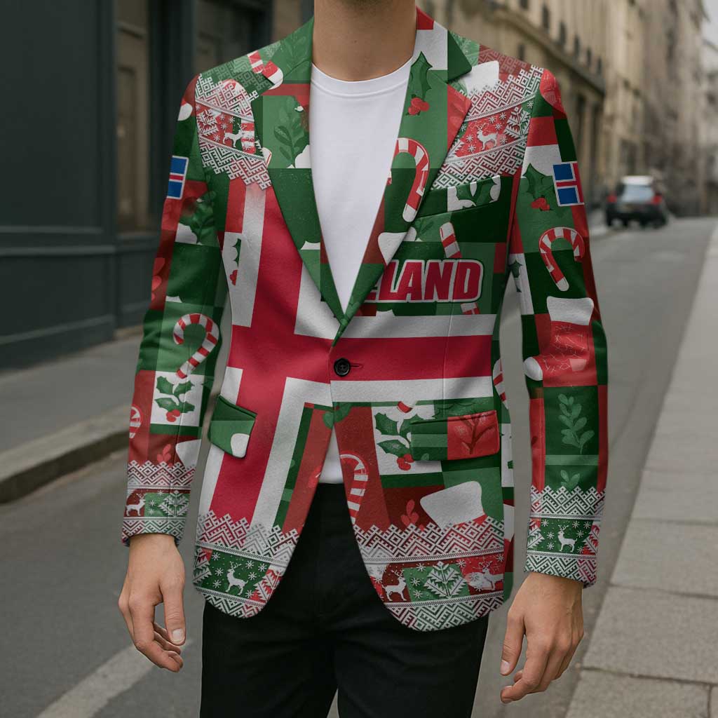 Iceland Christmas Blazer with Green & Red Candy Cane Pattern Santa Claus and National Flag Motif - Wonder Print Shop