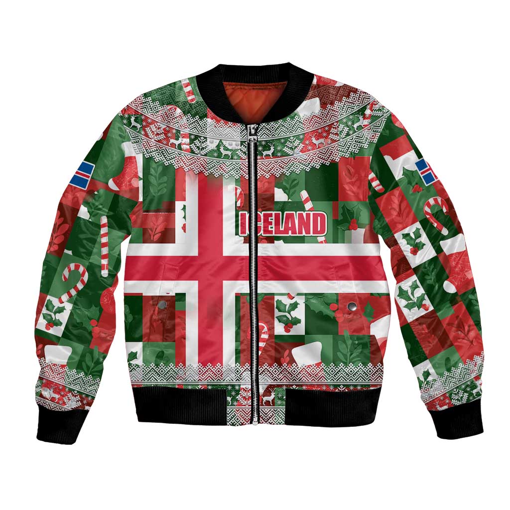Iceland Christmas Bomber Jacket with Green & Red Candy Cane Pattern Santa Claus and National Flag Motif - Wonder Print Shop