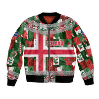 Iceland Christmas Bomber Jacket with Green & Red Candy Cane Pattern Santa Claus and National Flag Motif - Wonder Print Shop