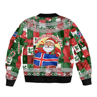 Iceland Christmas Bomber Jacket with Green & Red Candy Cane Pattern Santa Claus and National Flag Motif - Wonder Print Shop