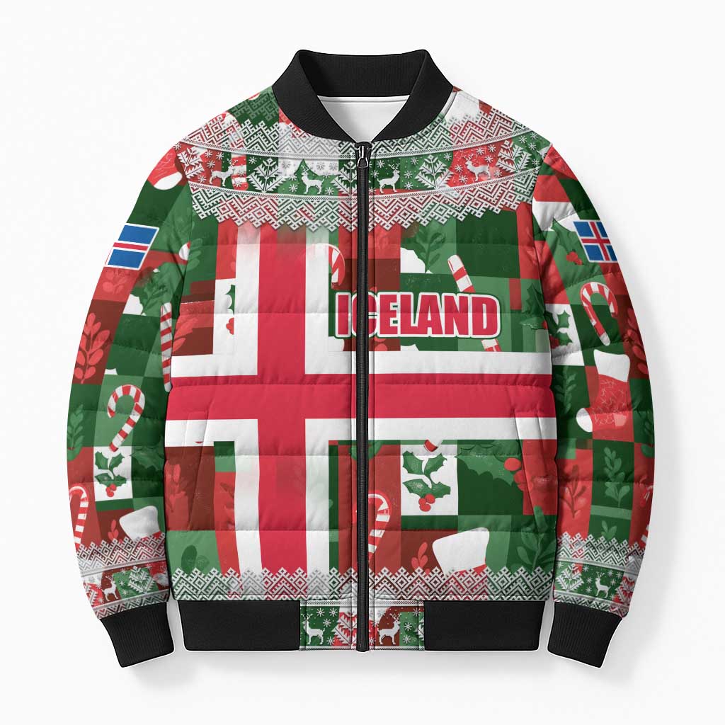 Iceland Christmas Bomber Puffer Jacket with Green & Red Candy Cane Pattern Santa Claus and National Flag Motif - Wonder Print Shop