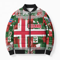 Iceland Christmas Bomber Puffer Jacket with Green & Red Candy Cane Pattern Santa Claus and National Flag Motif - Wonder Print Shop