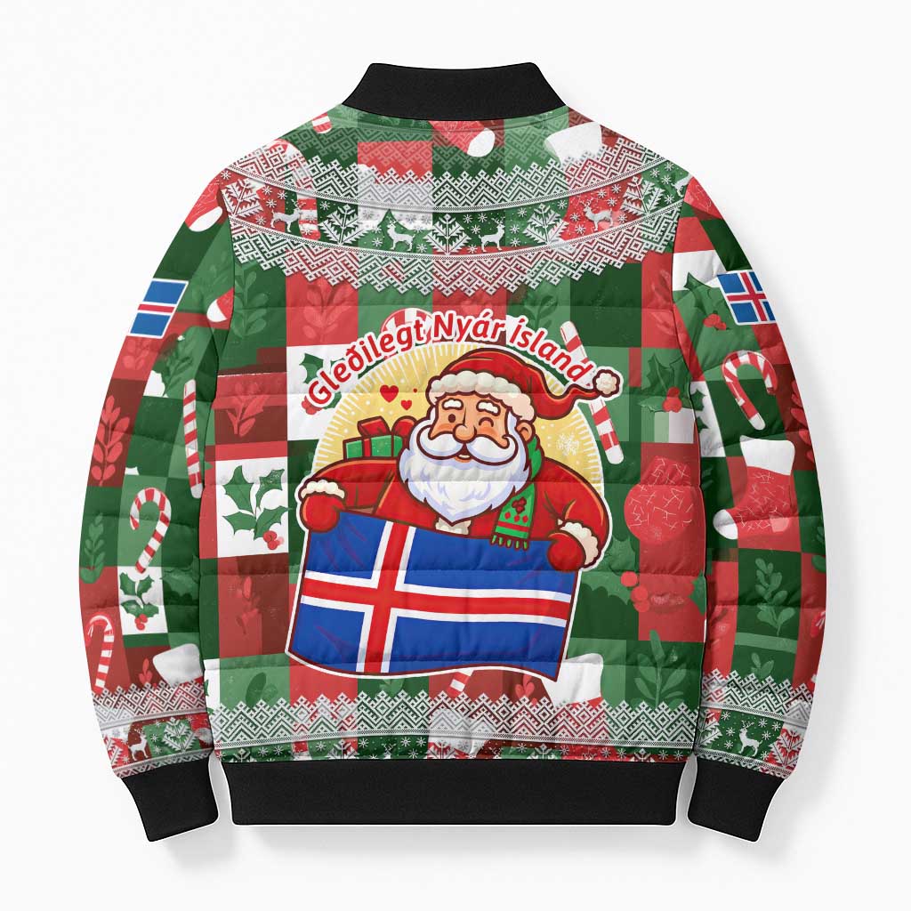 Iceland Christmas Bomber Puffer Jacket with Green & Red Candy Cane Pattern Santa Claus and National Flag Motif - Wonder Print Shop