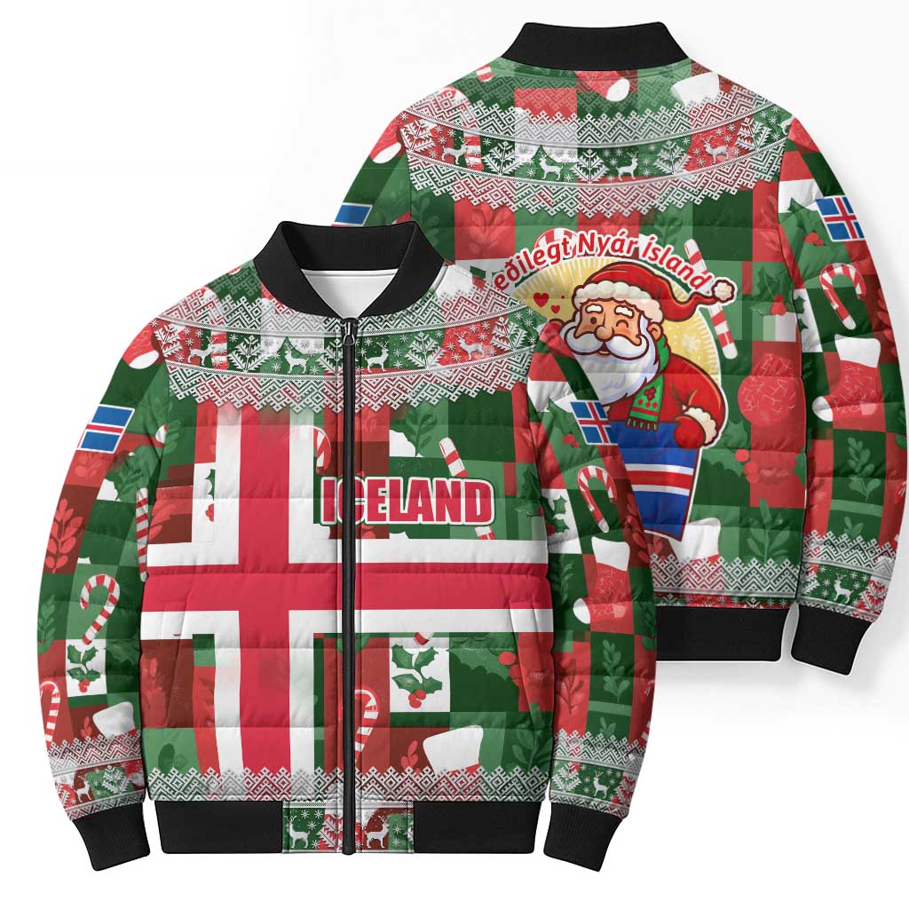 Iceland Christmas Bomber Puffer Jacket with Green & Red Candy Cane Pattern Santa Claus and National Flag Motif - Wonder Print Shop
