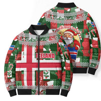 Iceland Christmas Bomber Puffer Jacket with Green & Red Candy Cane Pattern Santa Claus and National Flag Motif - Wonder Print Shop
