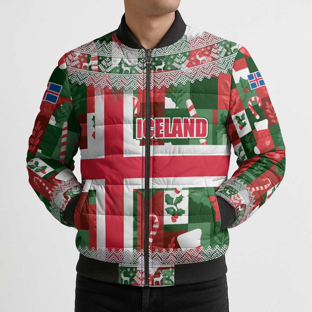 Iceland Christmas Bomber Puffer Jacket with Green & Red Candy Cane Pattern Santa Claus and National Flag Motif - Wonder Print Shop