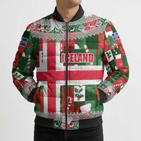 Iceland Christmas Bomber Puffer Jacket with Green & Red Candy Cane Pattern Santa Claus and National Flag Motif - Wonder Print Shop