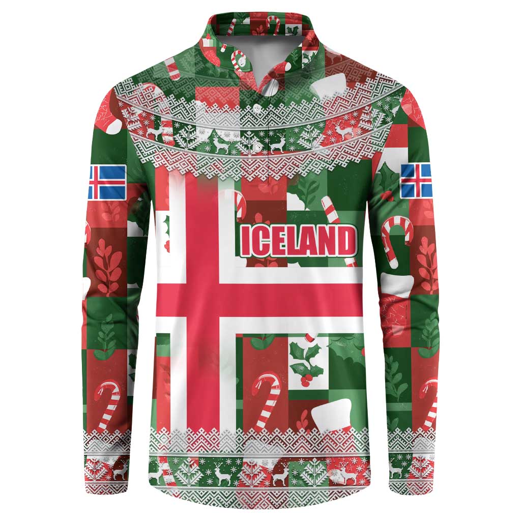 Iceland Christmas Button Sweatshirt with Green & Red Candy Cane Pattern Santa Claus and National Flag Motif - Wonder Print Shop