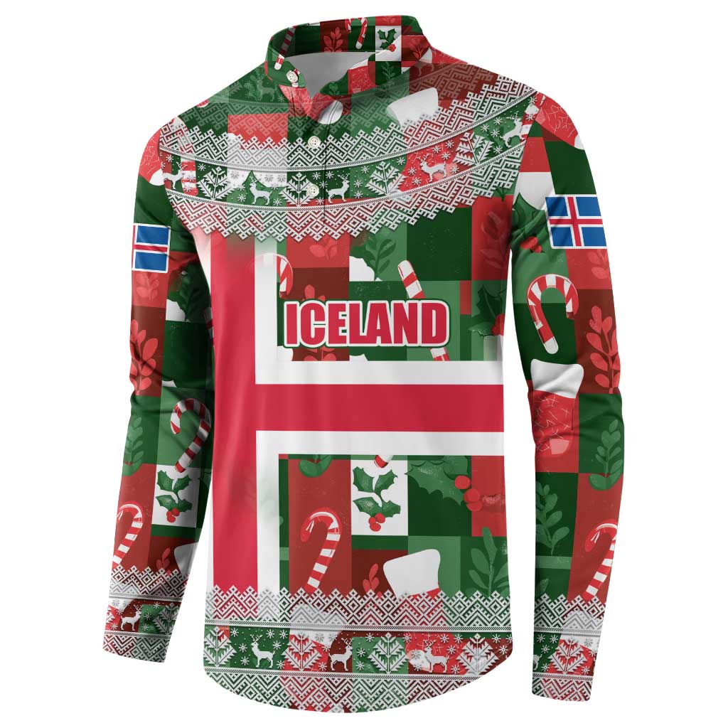 Iceland Christmas Button Sweatshirt with Green & Red Candy Cane Pattern Santa Claus and National Flag Motif - Wonder Print Shop