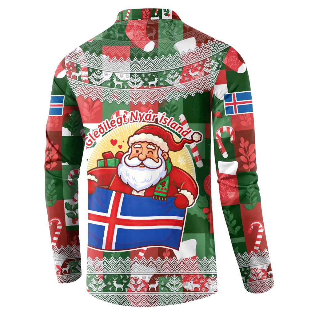 Iceland Christmas Button Sweatshirt with Green & Red Candy Cane Pattern Santa Claus and National Flag Motif - Wonder Print Shop