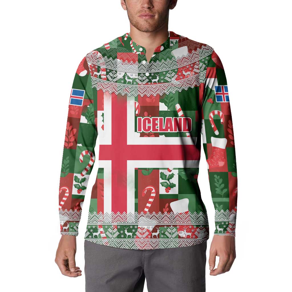 Iceland Christmas Button Sweatshirt with Green & Red Candy Cane Pattern Santa Claus and National Flag Motif - Wonder Print Shop