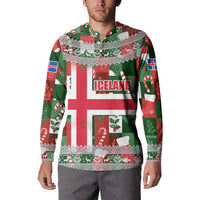 Iceland Christmas Button Sweatshirt with Green & Red Candy Cane Pattern Santa Claus and National Flag Motif - Wonder Print Shop