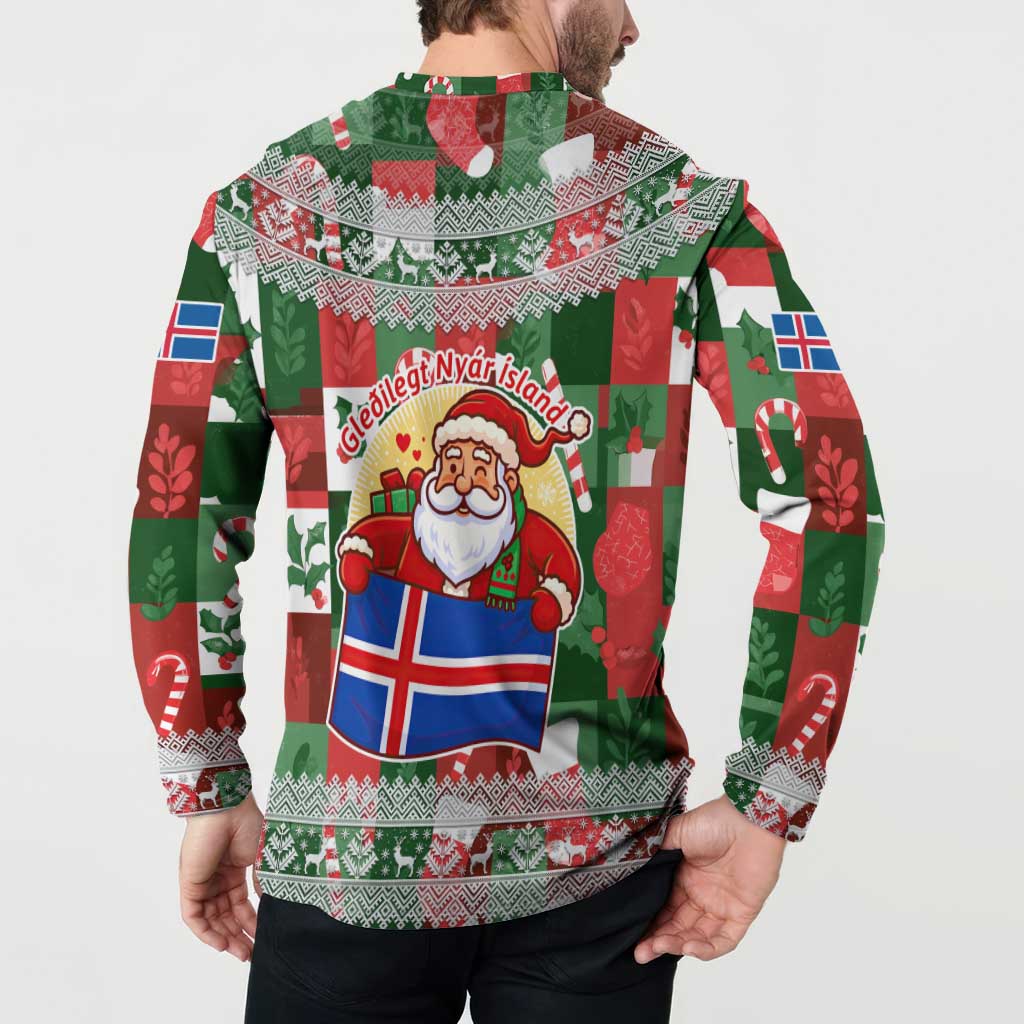 Iceland Christmas Button Sweatshirt with Green & Red Candy Cane Pattern Santa Claus and National Flag Motif - Wonder Print Shop
