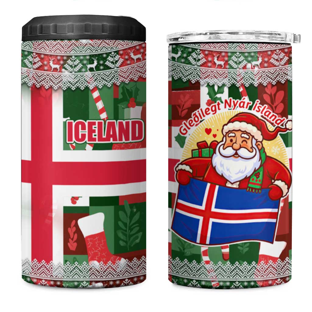 Iceland Christmas 4 in 1 Can Cooler Tumbler with Green & Red Candy Cane Pattern Santa Claus and National Flag Motif - Wonder Print Shop