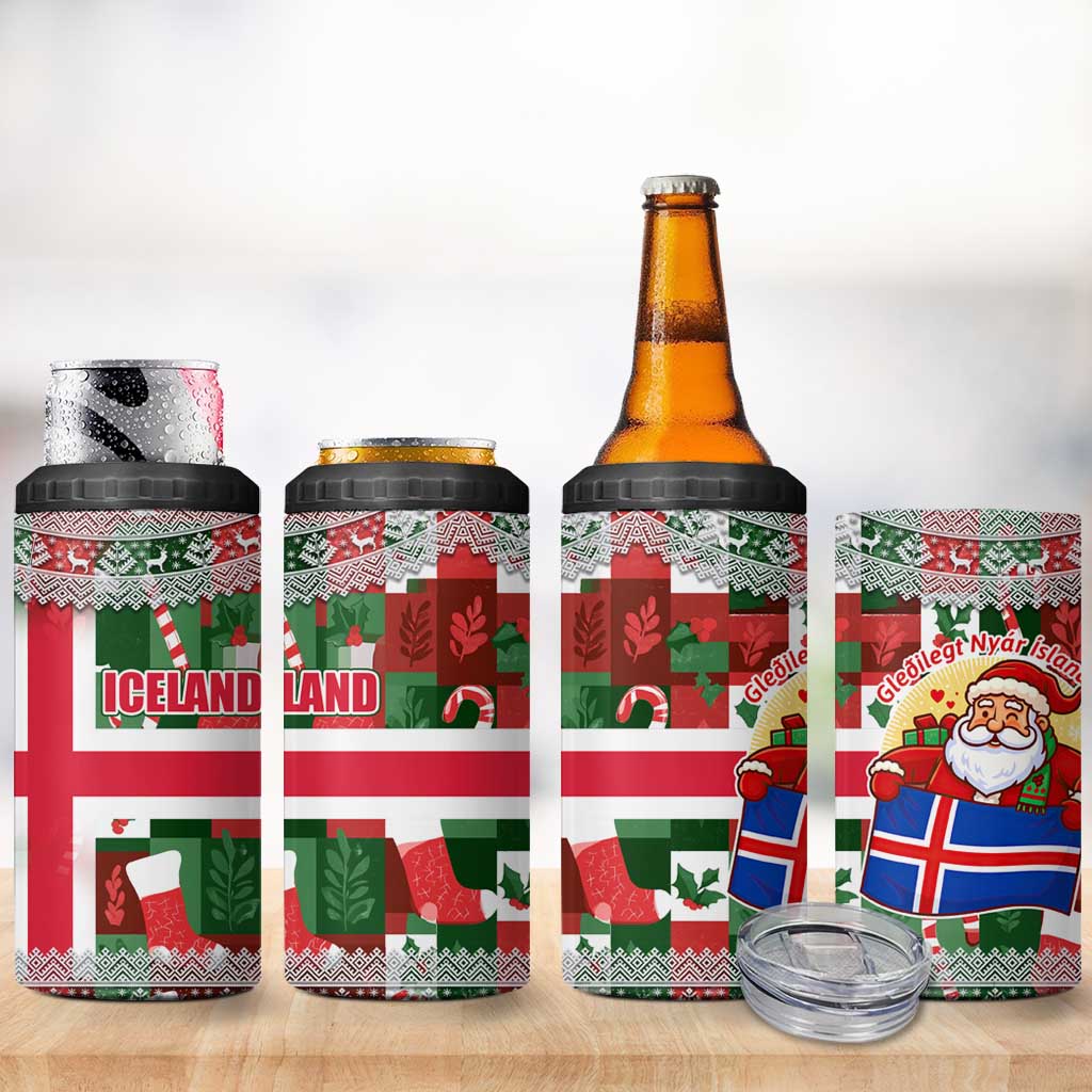 Iceland Christmas 4 in 1 Can Cooler Tumbler with Green & Red Candy Cane Pattern Santa Claus and National Flag Motif - Wonder Print Shop