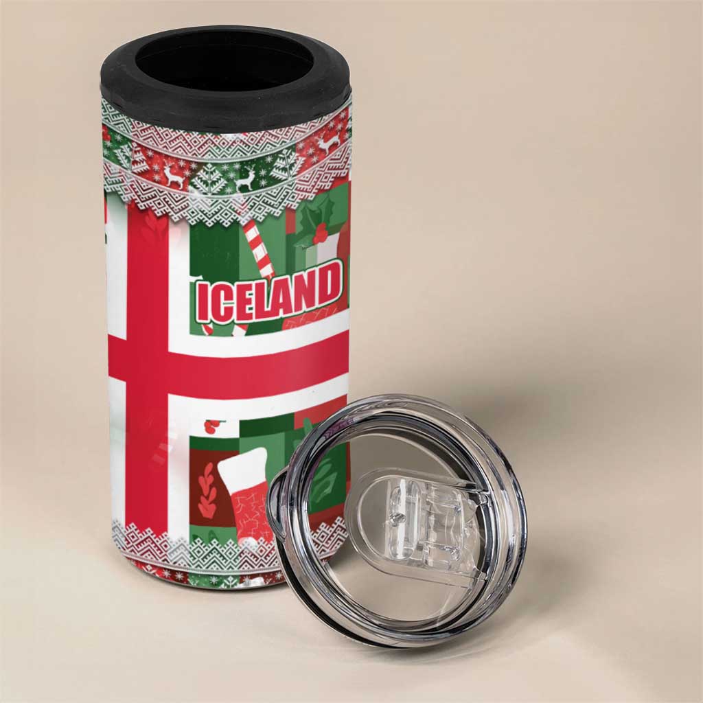 Iceland Christmas 4 in 1 Can Cooler Tumbler with Green & Red Candy Cane Pattern Santa Claus and National Flag Motif - Wonder Print Shop
