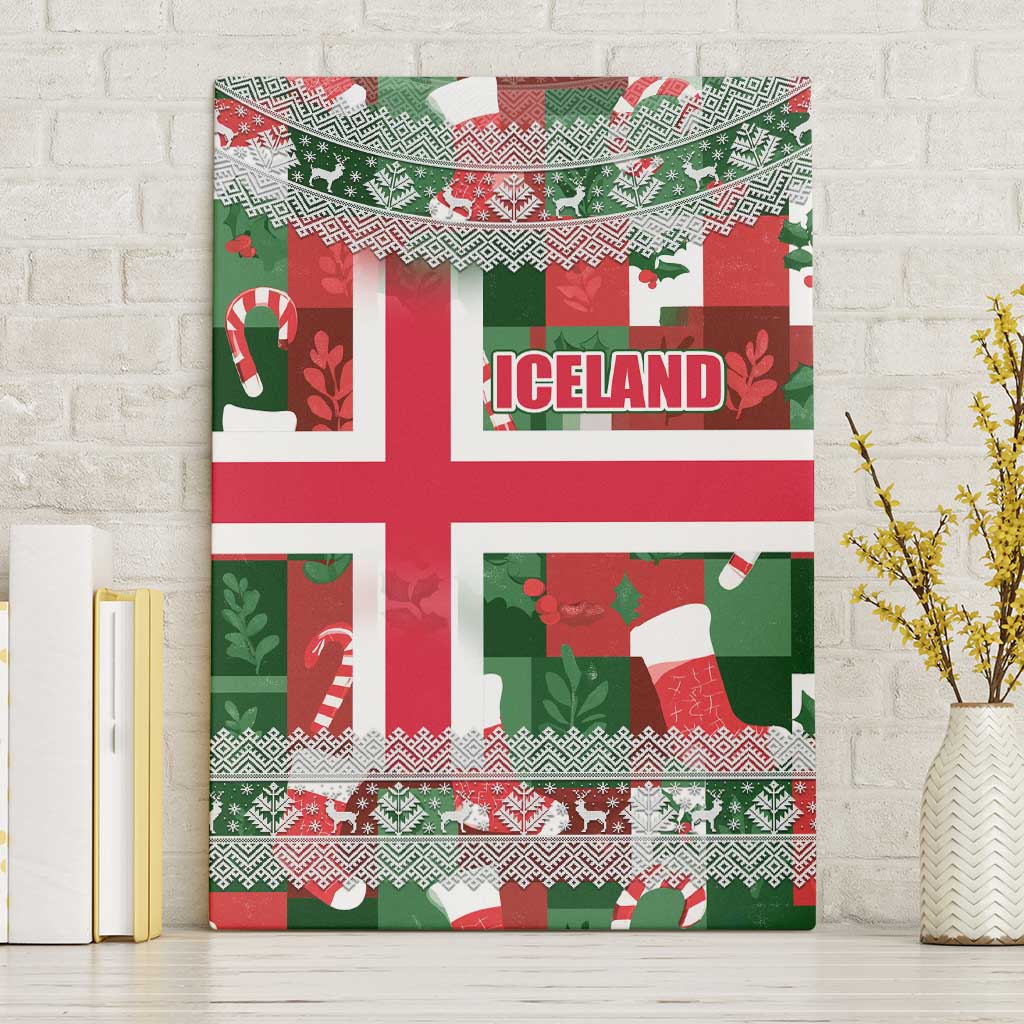 Iceland Christmas Canvas Wall Art with Green & Red Candy Cane Pattern Santa Claus and National Flag Motif - Wonder Print Shop