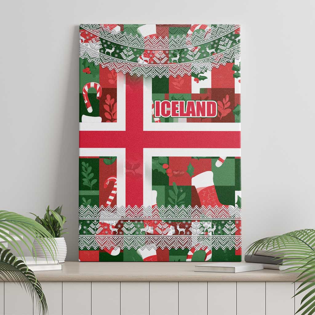 Iceland Christmas Canvas Wall Art with Green & Red Candy Cane Pattern Santa Claus and National Flag Motif - Wonder Print Shop