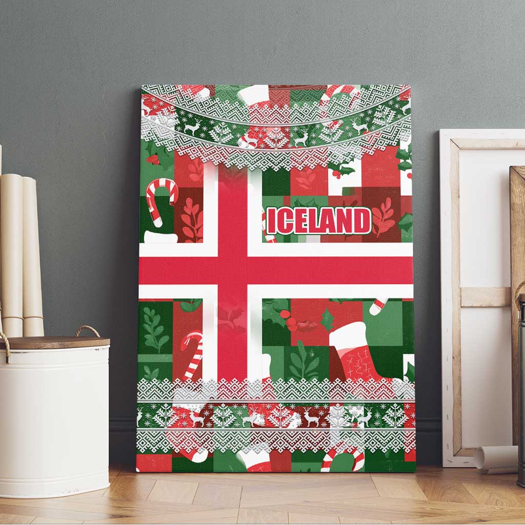 Iceland Christmas Canvas Wall Art with Green & Red Candy Cane Pattern Santa Claus and National Flag Motif - Wonder Print Shop