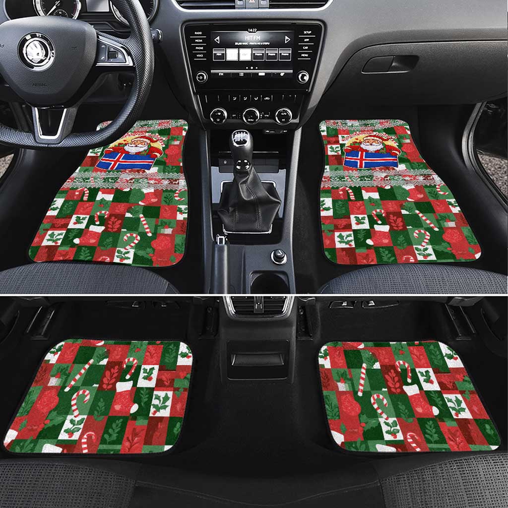 Iceland Christmas Car Mats with Green & Red Candy Cane Pattern Santa Claus and National Flag Motif - Wonder Print Shop