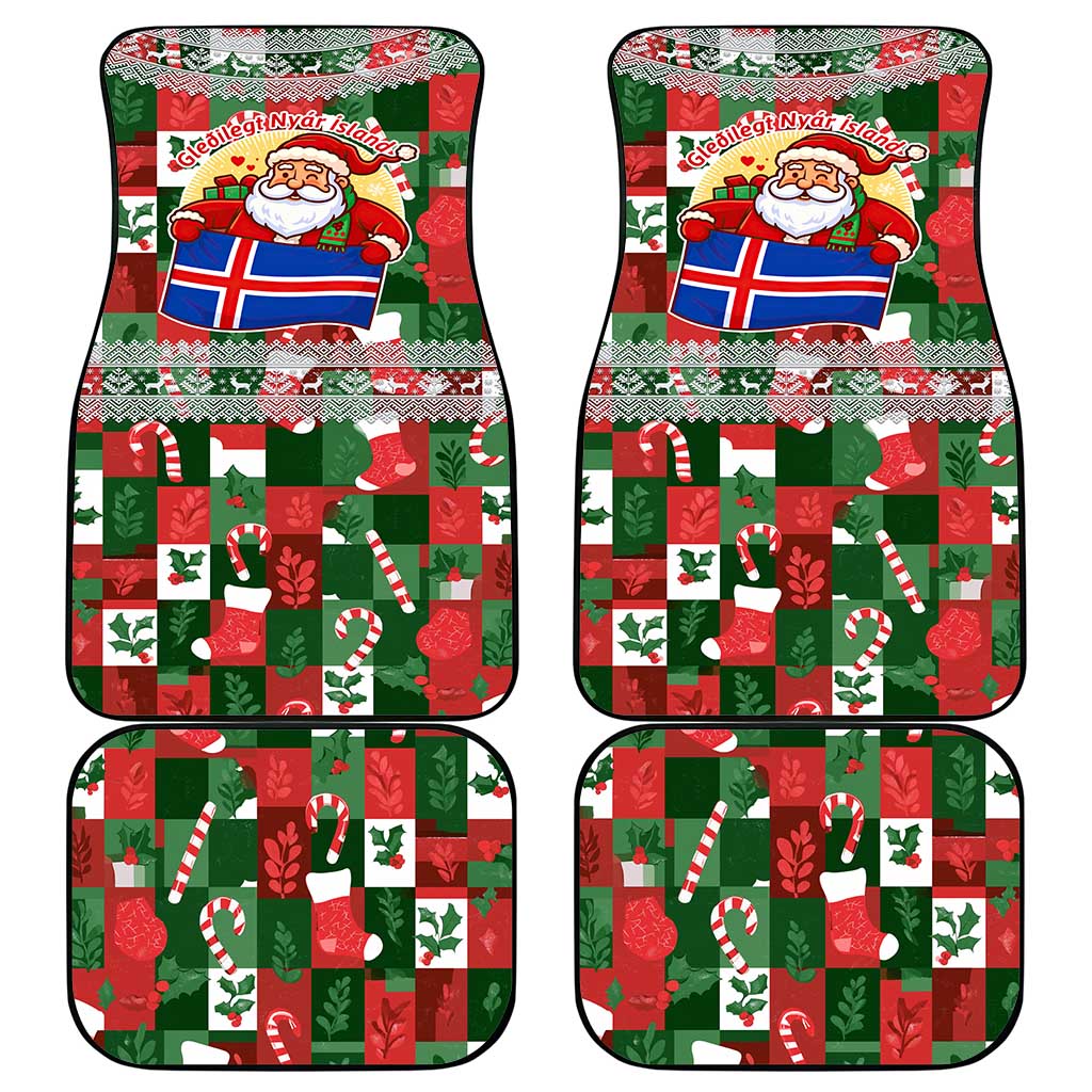 Iceland Christmas Car Mats with Green & Red Candy Cane Pattern Santa Claus and National Flag Motif - Wonder Print Shop