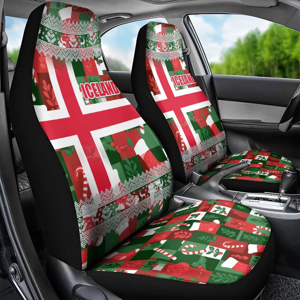 Iceland Christmas Car Seat Cover with Green & Red Candy Cane Pattern Santa Claus and National Flag Motif - Wonder Print Shop