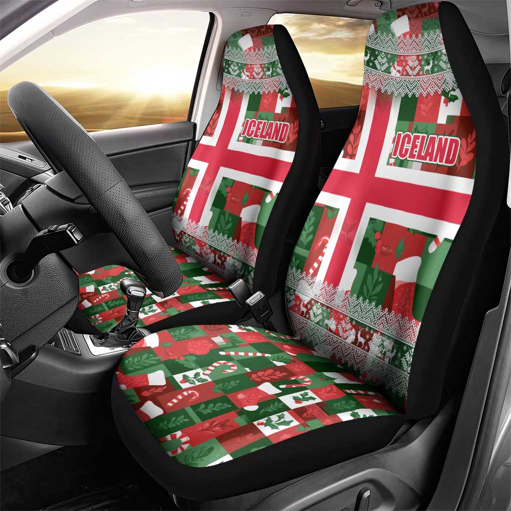 Iceland Christmas Car Seat Cover with Green & Red Candy Cane Pattern Santa Claus and National Flag Motif - Wonder Print Shop