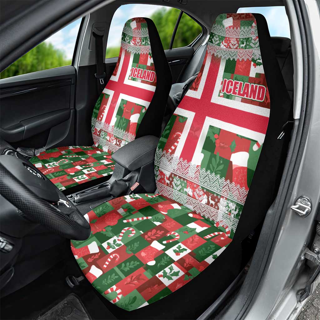Iceland Christmas Car Seat Cover with Green & Red Candy Cane Pattern Santa Claus and National Flag Motif - Wonder Print Shop