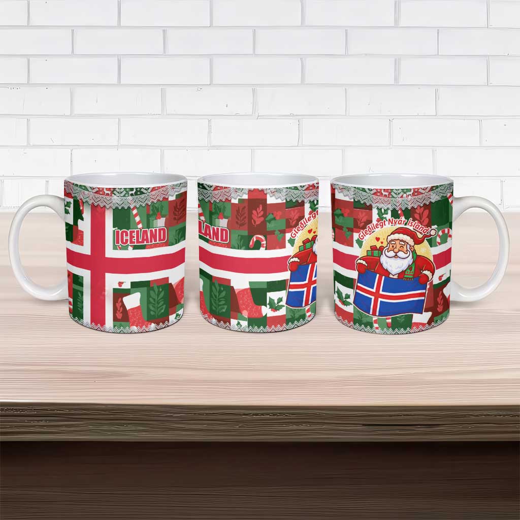 Iceland Christmas Ceramic Mug with Green & Red Candy Cane Pattern Santa Claus and National Flag Motif - Wonder Print Shop