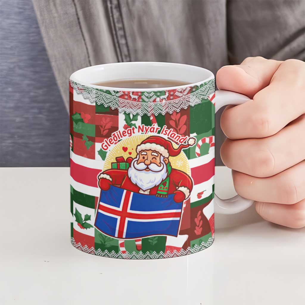 Iceland Christmas Ceramic Mug with Green & Red Candy Cane Pattern Santa Claus and National Flag Motif - Wonder Print Shop