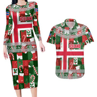 Iceland Christmas Couples Matching Long Sleeve Bodycon Dress and Hawaiian Shirt with Green & Red Candy Cane Pattern Santa Claus and National Flag Motif - Wonder Print Shop