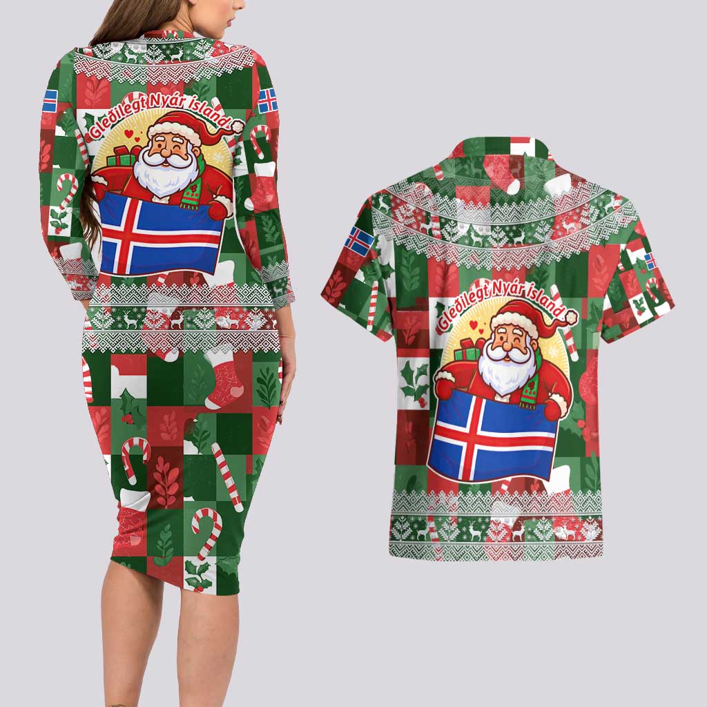 Iceland Christmas Couples Matching Long Sleeve Bodycon Dress and Hawaiian Shirt with Green & Red Candy Cane Pattern Santa Claus and National Flag Motif - Wonder Print Shop