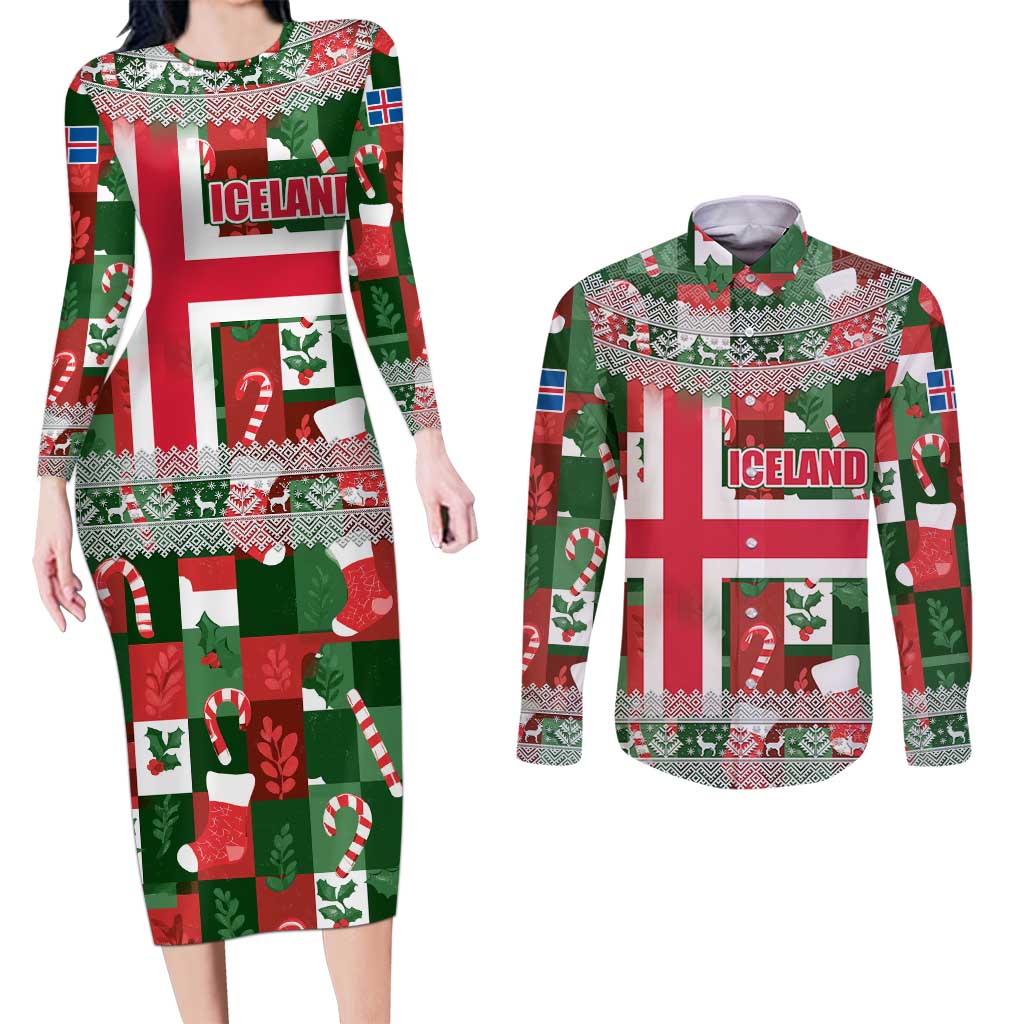 Iceland Christmas Couples Matching Long Sleeve Bodycon Dress and Long Sleeve Button Shirt with Green & Red Candy Cane Pattern Santa Claus and National Flag Motif - Wonder Print Shop
