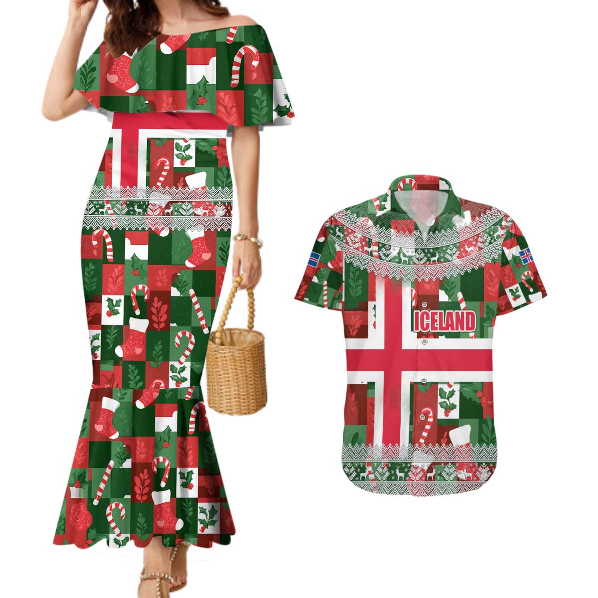 Iceland Christmas Couples Matching Mermaid Dress and Hawaiian Shirt with Green & Red Candy Cane Pattern Santa Claus and National Flag Motif - Wonder Print Shop