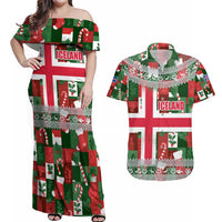 Iceland Christmas Couples Matching Off Shoulder Maxi Dress and Hawaiian Shirt with Green & Red Candy Cane Pattern Santa Claus and National Flag Motif - Wonder Print Shop